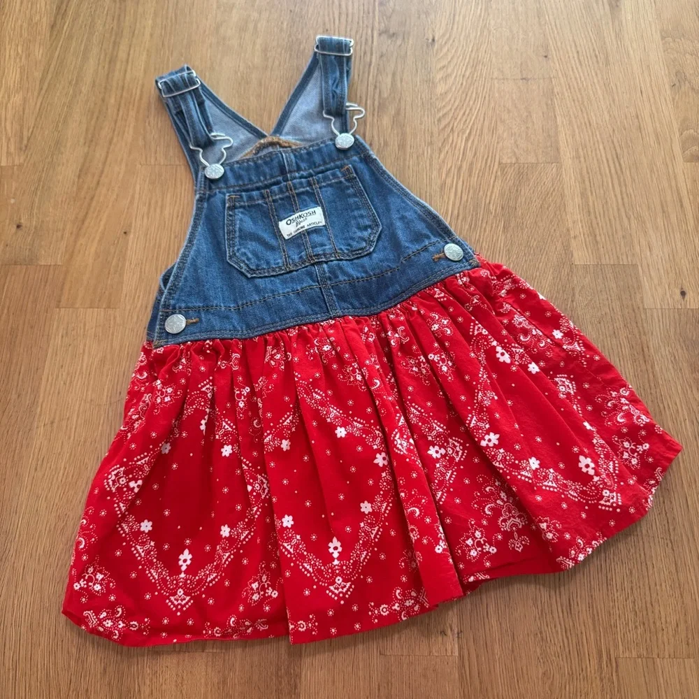 Osh'Kosh 3T Red Blue Denim Western Bandana Print Overall Skirtall Jumper Dress